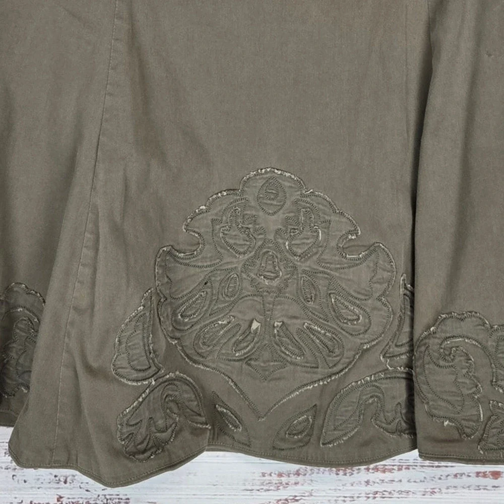 Coldwater Creek Olive Green Embroider Flare Pleated Skirt 10/12 Whimsigoth Boho